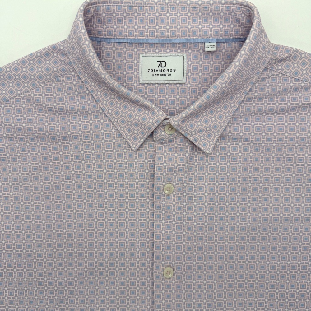 7Diamonds Button Down‎ Mens XL Pink Cassian 4-Way Stretch Geometric Short Sleeve